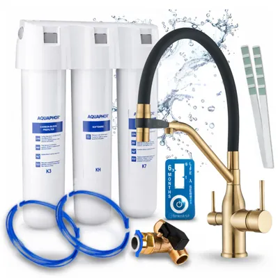 Productafbeelding van Keukenmengkraan met waterfiltersysteem Ari Magneto, mengkraan met twee grepen, keramische cartridge, 360 graden draaibaar, luchtspaarstuk, messing, geborsteld goud