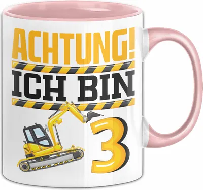 Produktbild von 3. Geburtstag Geschenk Tasse Becher Jungs Baustelle Geburtstagsgeschenk Achtung Ich Bin 3 (Rosa)