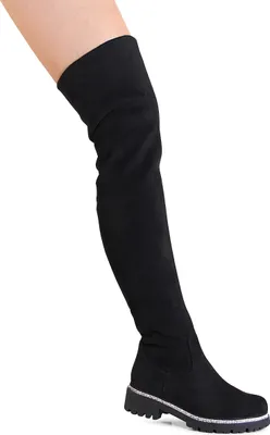 A single black over-the-knee boot on a white background, worn by a person.