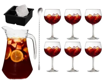 Produktbild von Sangriaset - Karaffe 1,6 L mit 6 Gläser 700 ml, Barlöffel & Eiswürfelform