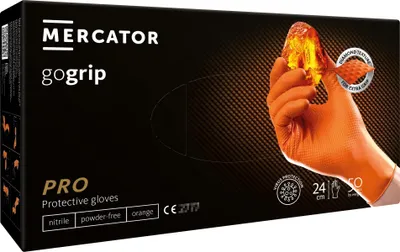 Immagine prodotto di Set-kit guanti monouso in nitrile, extra resistenti, no polvere, no lattice, per meccanici, tatuatori, ristorazione, da lavoro professionali, arancioni taglia L, Premium Mercator GoGrip, 50 pezzi