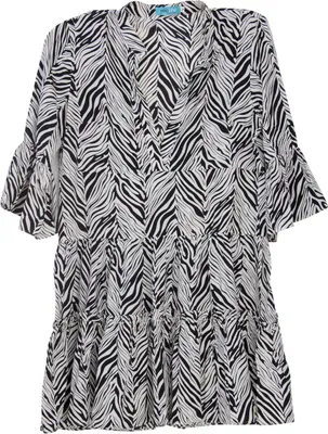 Produktbild von Kleid Zebra 1 mit Zebra-Muster, V-Ausschnitt, Stehkragen und Volants an Ärmeln und Saum