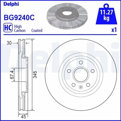 Zdjęcie produktu dla 2x Tarcza hamulcowa DELPHI BG9240C do OPEL INSIGNIA Caravan INSIGNIA CC 45mm 345mm