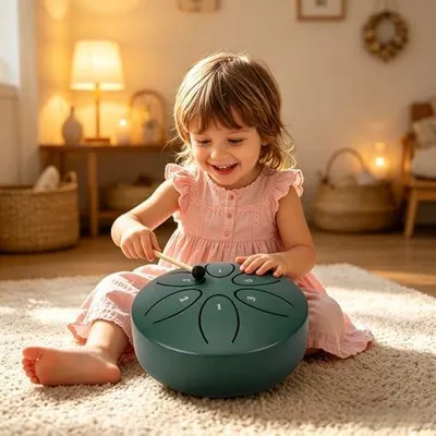 Produktbild von 1 x grüne Stahlzungentrommel mit 7,6 cm und 6 Noten, Mini-Handpan-Regentrommel Kohlenstoffstahl mit Schlägeln und Musikbuch, Meditationsmusikgeschenk für Familie, Freunde und Anfänger