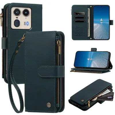 Image de Étui pour Motorola Edge 50 Ultra, en cuir synthétique, type portefeuille, avec porte-cartes, poche zippée, support et dragonne, couleur verte