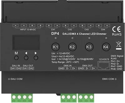 Produktbild von DP4 LED-Dimmer 4-Kanal – DALI und DMX Steuerung, 4x12A, 12–48 V DC, Konstantspannung für Hutschiene
