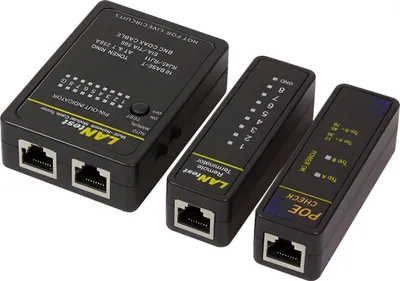 Three black network cable testing devices are arranged diagonally on a white background.