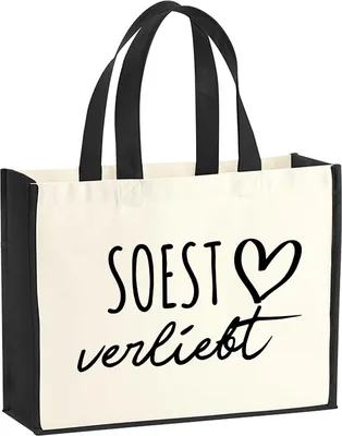 Produktbild von Huuraa Jutetasche Soest verliebt 21 Liter Black Jute und Baumwolle Einkaufstasche Geschenkidee