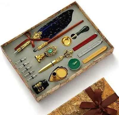 Imagen del producto de Set de pluma estilográfica, pluma de caligrafía, tinta natural para plumas, y set de regalo con sello de cera. Ideal para caligrafía y escritura artística