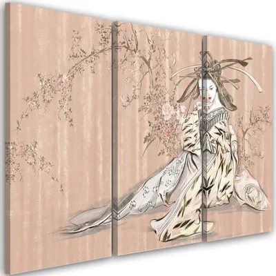 Produktbild von Triptychon auf leinwand traditionelle japanische geisha 120x80 cm Feeby orange wandbild bereit zum aufhängen