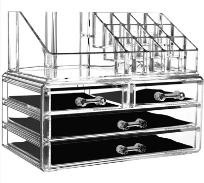 Imagen del producto de Organizador de maquillaje, acrílico, con 4 compartimentos, transparente, para cosméticos