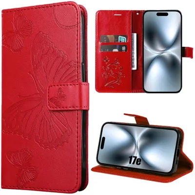 Image de Coque pour iPhone 17e, Protection Anti-Rayures Cuir Synthétique Rouge Motif Papillon