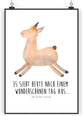 Produktbild von Mr. & Mrs. Panda Bild Lama Springen DIN A3 - Weiß - Geschenk, Abitur, wanddeko, Start, Lamas, drucke, Wanddekoration, Guten Morgen, Wandbild, kunstdruck poster, Freundin