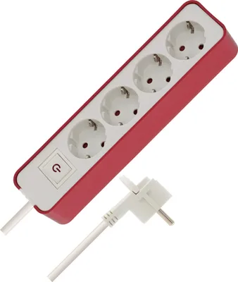 A red and white power strip with four outlets and a power switch, shown with its white plug and cable.