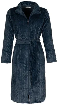 Productafbeelding van Unyqoos® Pastunette damesbadjas met rits, 100% fleece, met kabelstructuur, zacht en warm, met riem en zakken, donkerblauw, maat L (44-46)