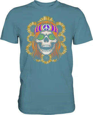 Produktbild von Hippie Totenkopf Sonnenblumen T-Shirt Gärtner Geschenk Garten – Stone Blue / 3XL