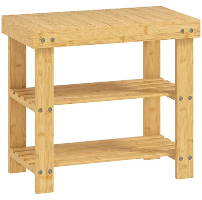 Zdjęcie produktu dla Półka na buty z bambusa z 2 półkami i siedziskiem | Kolor: Brązowy | Wymiary: 50x28x45 cm