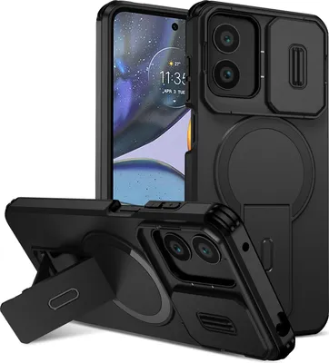Produktbild von Magnetisch Hülle für Motorola Moto G22/Moto G Play 2024 4G, Dual Layer Stoßfest Handyhülle mit Dia Kameraschutz, Verstellbarem Ständer Schwarz