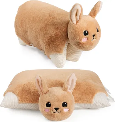 Two views of a plush bunny pillow, one in its pillow form and one with the bunny head unfolded.