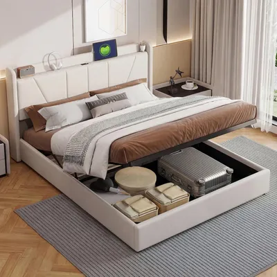 Image de Lit rembourré - Lit double 140 x 200 cm - Rangement hydraulique - Sommier à lattes - Tissu en lin - Beige