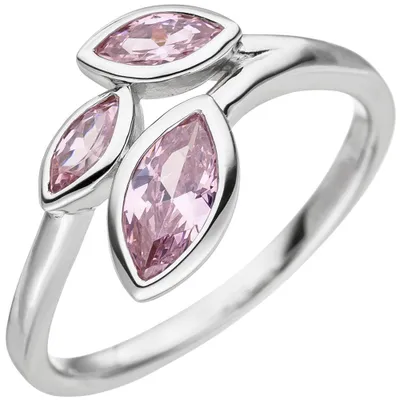 Image de Bague avec 3 feuilles en forme de goutte, ornées de zircone rose, en argent 925. Bijou pour femme, taille 56 mm (environ 17,8 mm de diamètre intérieur)