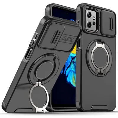 Obrázek produktu pro Dvouvrstvé pouzdro pro Motorola Moto G Power 5G 2023, s posuvným krytem fotoaparátu a magnetickým kroužkovým stojánkem Černý