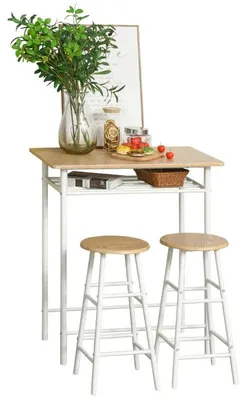 Image de Ensemble bar comprenant une table et 2 tabourets de bar | Couleur : Blanc, Chêne | Dimensions : 80x50x90 cm