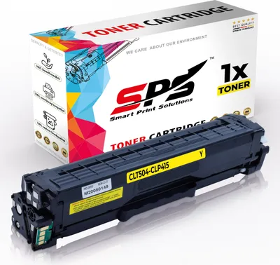 A yellow toner cartridge is shown in front of its packaging.