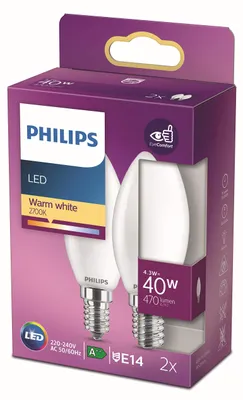 Zdjęcie produktu dla Philips Świeczka żarnikowa matowa 40 W B35 E14 x 2, 4,3 W, 40 W, E14, 470 lm, 15000 h, Ciepłe białe