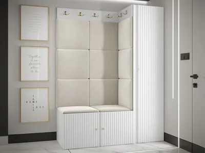 Produktbild von MIRJAN24 Garderoben-Set Orion Ryfel Slim IX, Kleiderschrank, Schuhschrank, 2x Kleiderhakenbrett, 11x Paneel 42x42, 4 Kleiderhaken für Kleidung, Metallgriffe (Farbe: Weiß, Manila 02)
