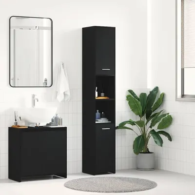 A bathroom scene with a black vanity and a tall black cabinet.