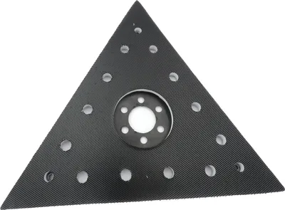 A black triangular sanding pad with multiple holes is shown against a white background.