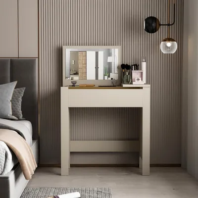 Produktbild von Homidea Buse Schminktisch mit Spiegel – Klappspiegel, Stauraum, kompakter Kosmetiktisch für Schlafzimmer – Beige