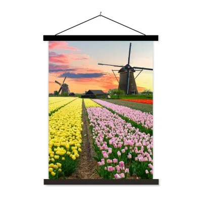 Produktbild von MuchoWow® Textilposter Windmühle - Tulpen - Blumen - Niederlande 90x120 cm mit schwarzem Rahmen - Dekoration