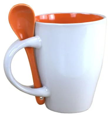 Produktbild von Kaffetasse ca. 250 ml in Orange oder Blau Tasse mit Löffel im Halter