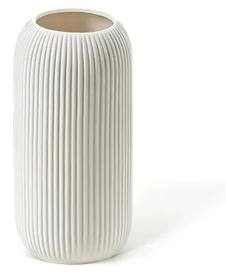 Keramik-Vase, 20 cm, weiß, gerippt, für Pampasgras