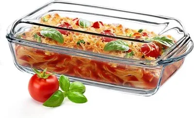 Zdjęcie produktu dla Naczynie żaroodporne ze szkła ceramicznego z pokrywką i uchwytami – nadaje się do piekarnika i kuchenki elektrycznej – idealne do lasagne i potraw mięsnych – przezroczyste – prostokątny kształt – pojemność 395 l