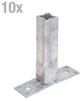 A single metal handrail support post with a base plate, isolated on a white background.