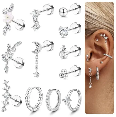 Dailygoods Oorpiercing 12 Stück - Hypoallergen Chirurgischer Stahl - Damen Ohrringe - Helix/Tragus/Knorpel - Elegante