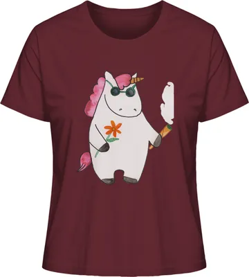 Produktbild von Mr. & Mrs. Panda Damen Kurzarmshirt Einhorn Woodstock Größe L - Burgundy - Geschenk, Basic Shirt, Joint, Unicorn, Einhörner, Sommershirt, T-Shirt, Party, Alkohol