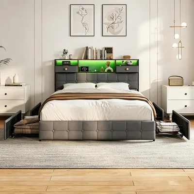 Zdjęcie produktu dla Łóżko platformowe INONEFT, obite tkaniną, 140x200 cm, z oświetleniem LED i portami USB/C, łóżko z pojemnikiem na pościel (4 szuflady), rama łóżka dwuosobowego z elastycznym stelażem, aksamit, kolor szary