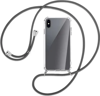 Produktbild von Handykette Backcover-Schutzhülle mit Band (Metall silberfarben) für Apple iPhone XS Max - dunkelgrau