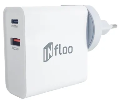 Produktbild von INfloo GaN Ladegerät 65W USB-C USB-A PD QC3.0 mit Steckdose Schnellladegerät