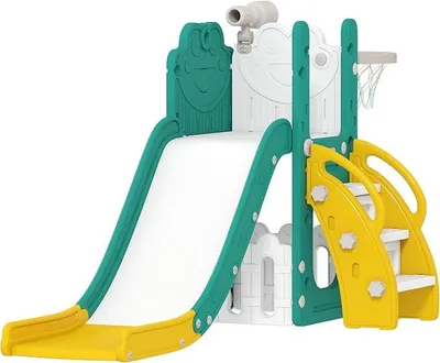 Immagine prodotto di Scivolo per bambini 5 in 1, adatto sia per interni che per esterni, con canestro da basket, struttura per arrampicata, telescopio giocattolo, spazio contenitivo e decorazione a tema rana. Area giochi per bambini piccoli dai 1 ai 3 anni, colore giallo