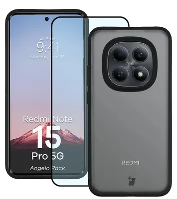 Produktbild von Schutzhülle + gehärtetem Glas Bizon Angelo Pack für Xiaomi Redmi Note 15 Pro 5G, Getönte mit schwarzem Rahmen