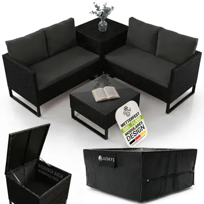 Produktbild von Juskys Polyrattan Lounge Santorini inkl. Abdeckung - Sitzecke mit Beistelltisch & Auflagenbox - Schwarz