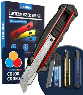 Produktbild von Cuttermesser Set 3er 18 mm + 10 Ersatzklingen - Cutter Tapetenmesser 3 Cuttermesser in Rot, Gelb und Blau - eines für jeden Arbeitsplatz