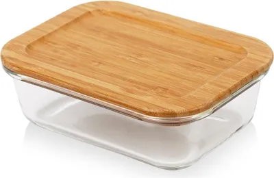 Imagen del producto de Recipiente de vidrio con tapa de bambú y junta de silicona, apto para lavavajillas y microondas