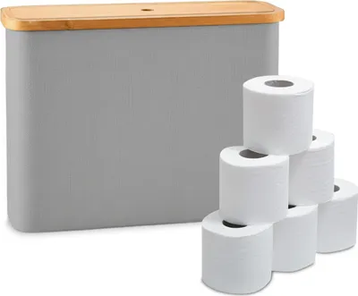 Obrázek produktu pro Relaxdays – stojan na toaletní papír, 12 rolí, VxŠxH: 34,5 x 45 x 15 cm, látka, bambus, držák na náhradní role, šedý