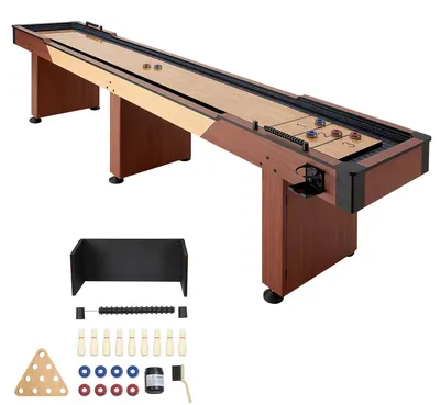 Image de Table de shuffleboard SucceBuy, 3,7 mètres, 2-en-1 avec set de bowling et 8 palets. Jeu d'intérieur avec aspect bois, surface de jeu durable, comprenant de la cire et une brosse. Idéal pour une salle de jeux familiale